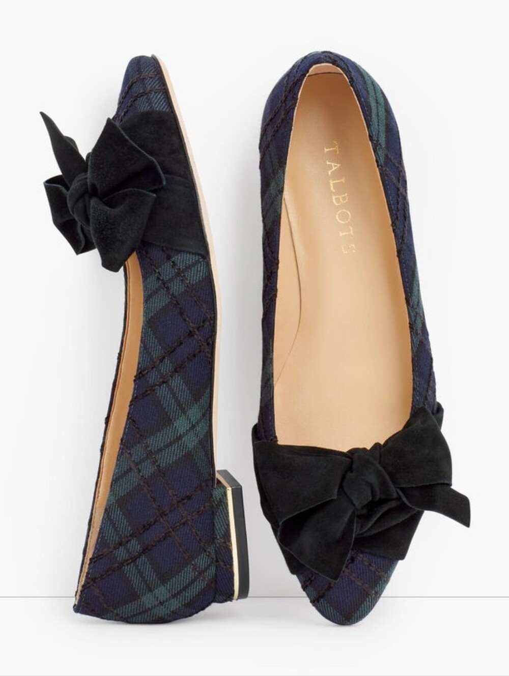 Talbots Edison Wrapped Black Bow Flats - Navy Watch Plaid Size 6.5